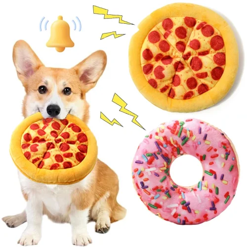 Plush Dog Toy Doughnut Pizza Shape Pet Squeaky